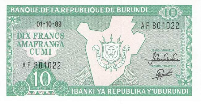 Burundi p33b 10 Francs 1989